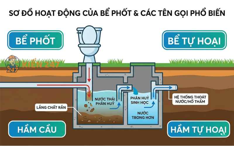 Sơ đồ nguyên lý hoạt động của bể phốt từ tiếp nhận chất thải đến thoát nước sau xử lý sơ bộ