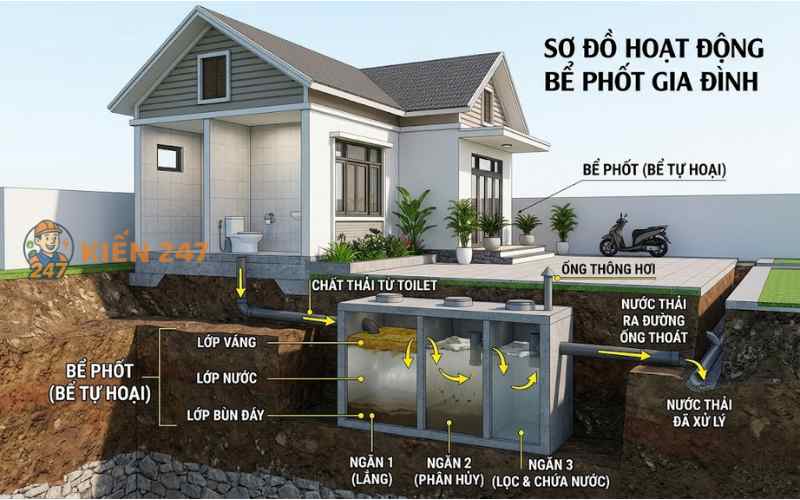 Mô phỏng bể phốt là gì với bể tự hoại nằm ngầm dưới đất và đường ống dẫn từ nhà vệ sinh