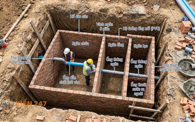 Quy trình thi công xây dựng và đặt ống cho bể phốt 2 ngăn 