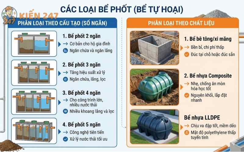 Infographic phân loại các dạng bể phốt thường thấy theo cấu tạo và chất liệu