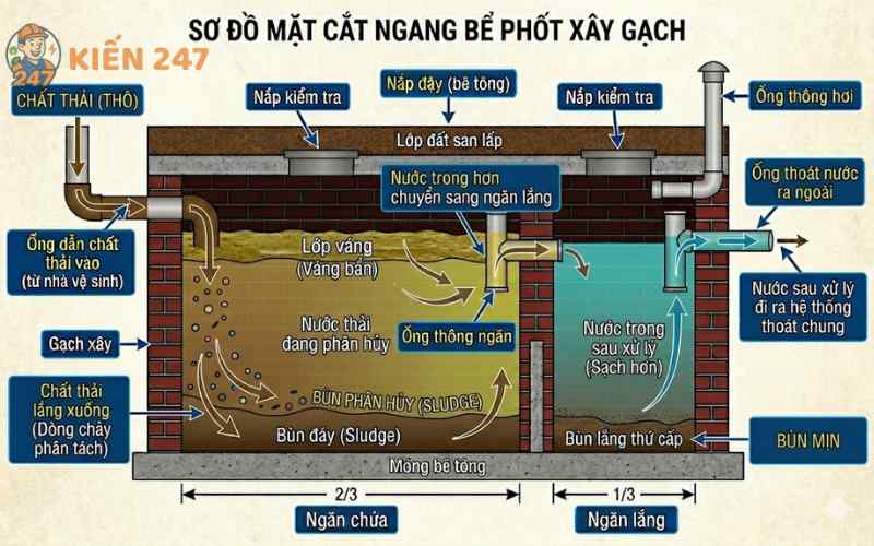 Nguyên lý phân hủy kỵ khí và lắng cặn trong bể tự hoại 2 ngăn