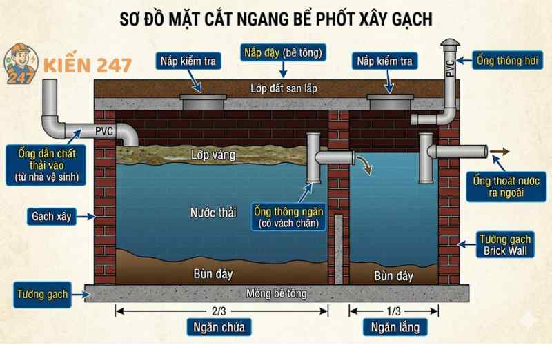 Sơ đồ cấu tạo chi tiết bể phốt 2 ngăn gồm ngăn chứa và ngăn lắng.