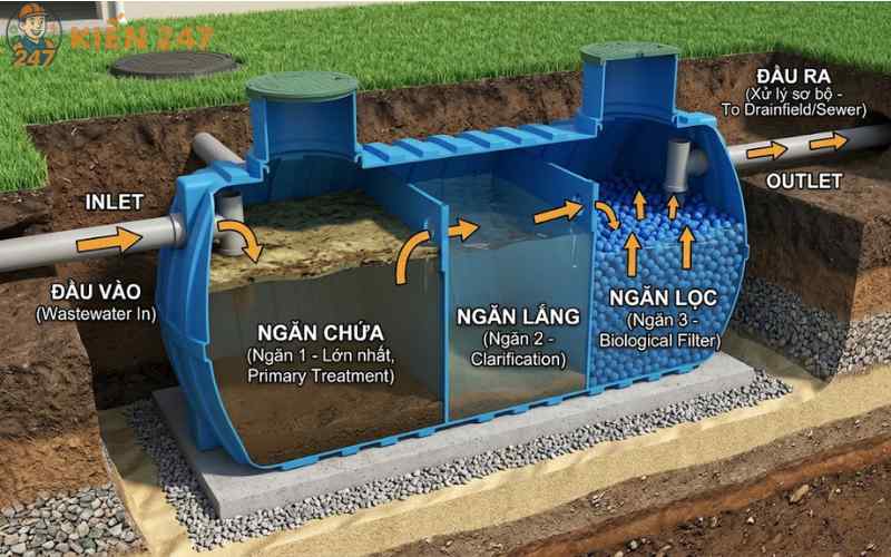 Sơ đồ cấu tạo 3 ngăn bể phốt nhựa gồm ngăn chứa, ngăn lắng và ngăn lọc