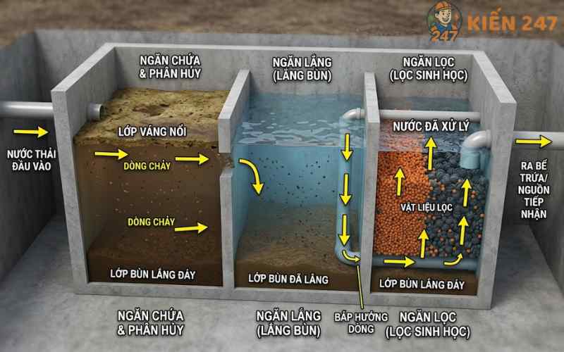 Minh họa nguyên lý hoạt động và quy trình xử lý nước thải của bể phốt 3 ngăn