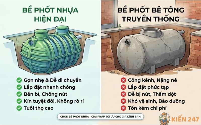 Bảng so sánh ưu điểm vượt trội của bể phốt nhựa so với bể bê tông truyền thống